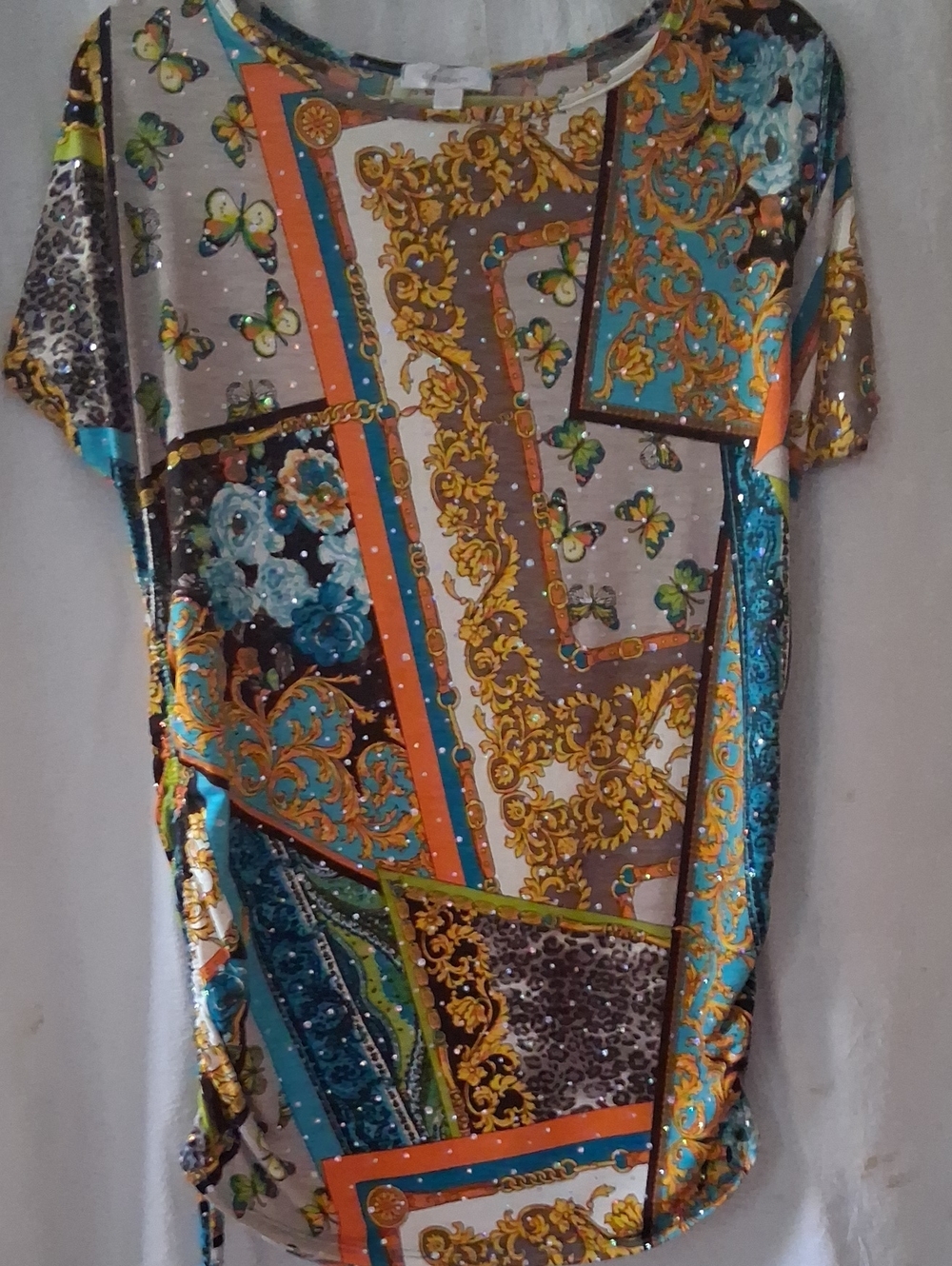 dressbarn Multicolor Short Sleeve Printed Tee with Turquoise & Orange Accents